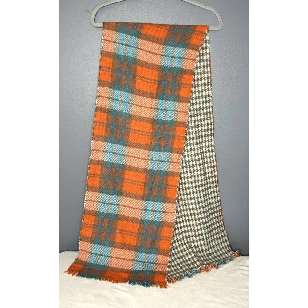 Steve Madden Scarf Womens One Size Reversible Plaid Houndstooth Gray Orange Blue